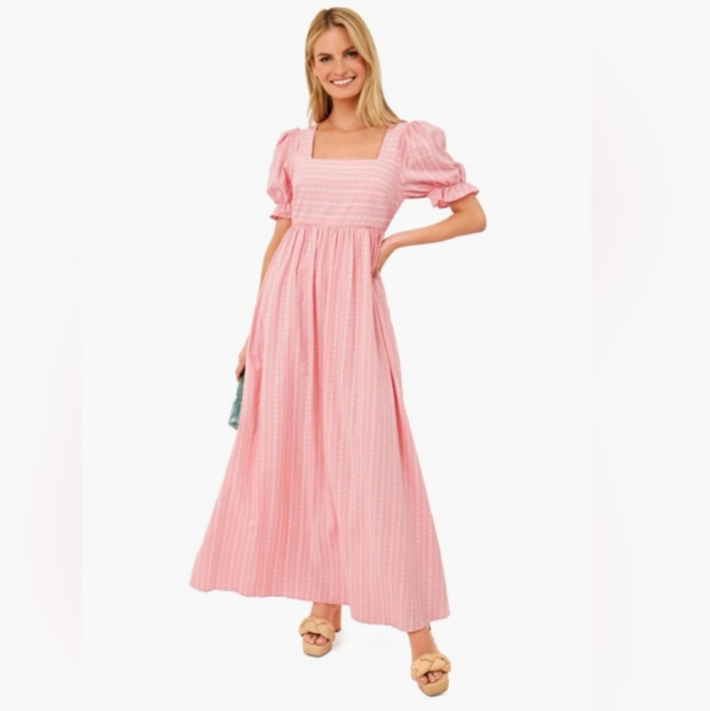 Pink Maxi Dress with Square Neck and Puff Sleeves